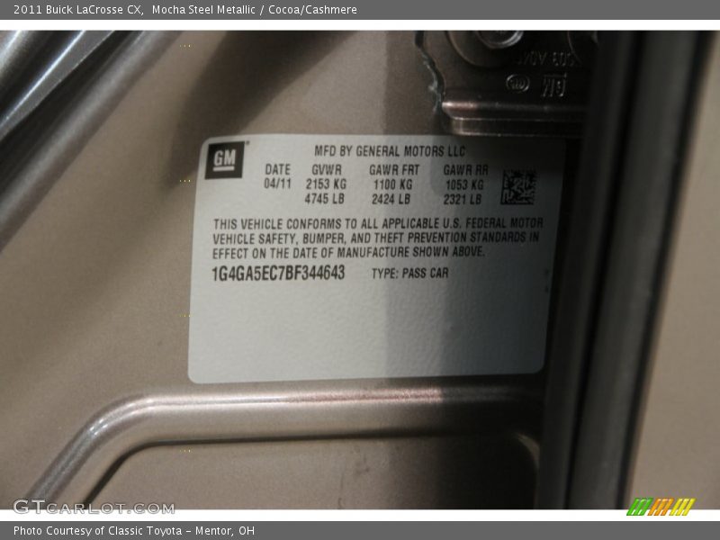Mocha Steel Metallic / Cocoa/Cashmere 2011 Buick LaCrosse CX