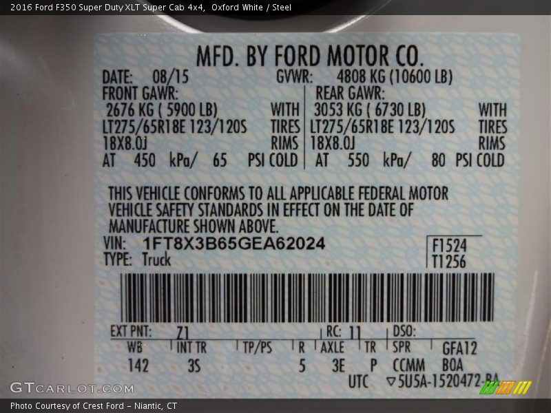 2016 F350 Super Duty XLT Super Cab 4x4 Oxford White Color Code Z1