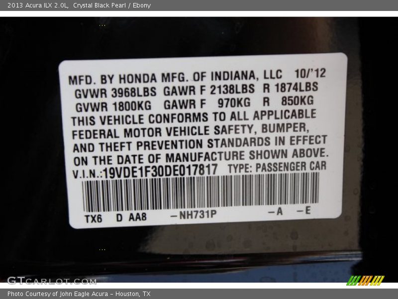 Crystal Black Pearl / Ebony 2013 Acura ILX 2.0L