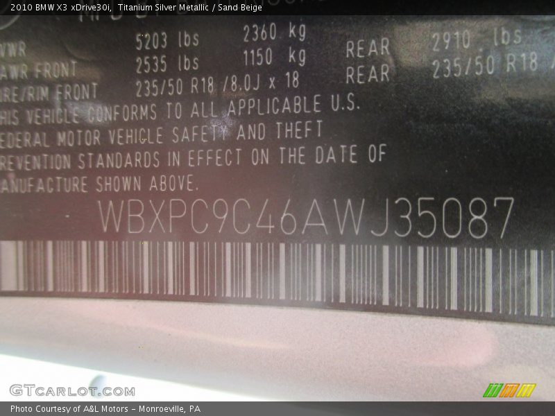 Titanium Silver Metallic / Sand Beige 2010 BMW X3 xDrive30i