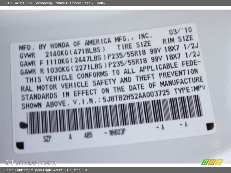 White Diamond Pearl / Ebony 2010 Acura RDX Technology