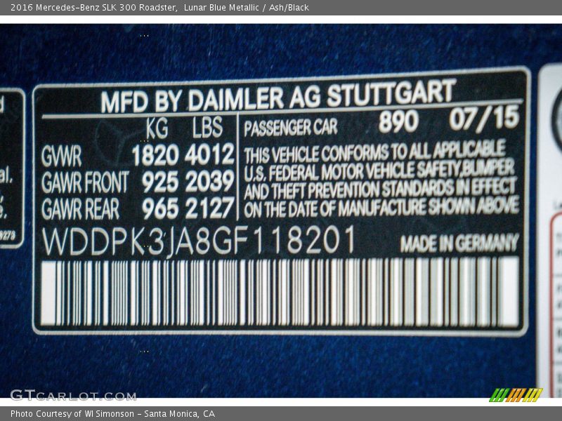 2016 SLK 300 Roadster Lunar Blue Metallic Color Code 890