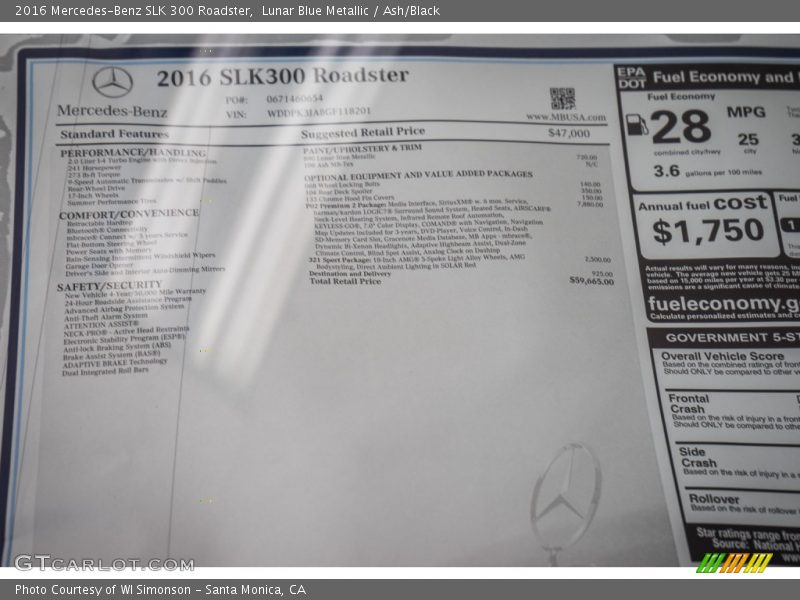  2016 SLK 300 Roadster Window Sticker