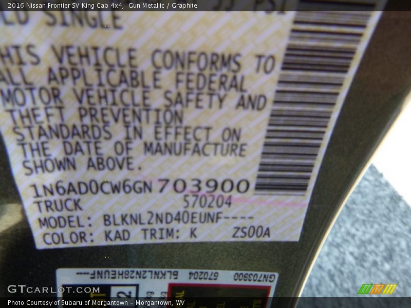2016 Frontier SV King Cab 4x4 Gun Metallic Color Code KAD