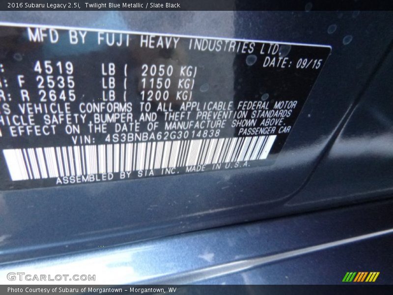Twilight Blue Metallic / Slate Black 2016 Subaru Legacy 2.5i