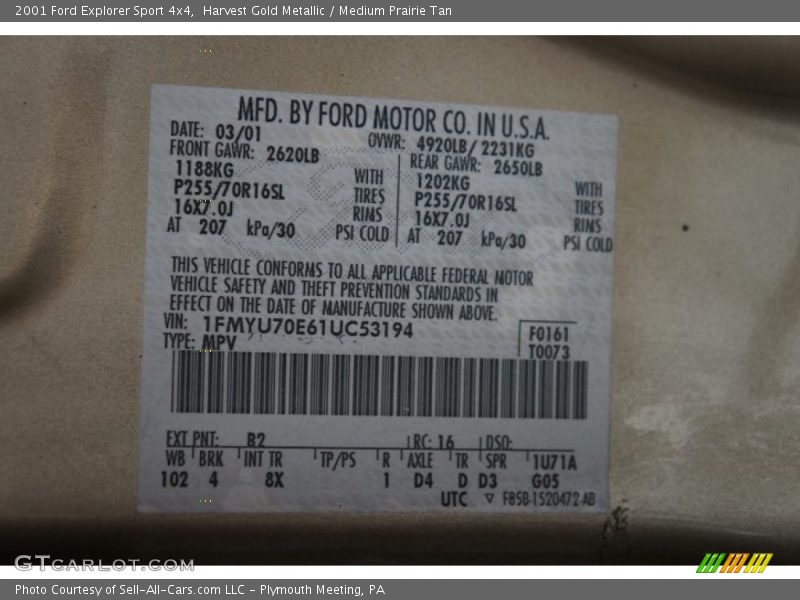 Harvest Gold Metallic / Medium Prairie Tan 2001 Ford Explorer Sport 4x4