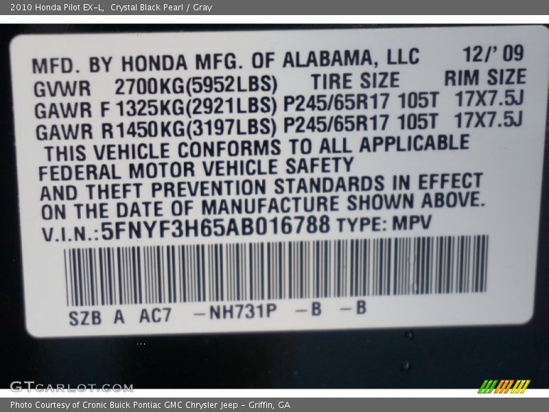 Crystal Black Pearl / Gray 2010 Honda Pilot EX-L