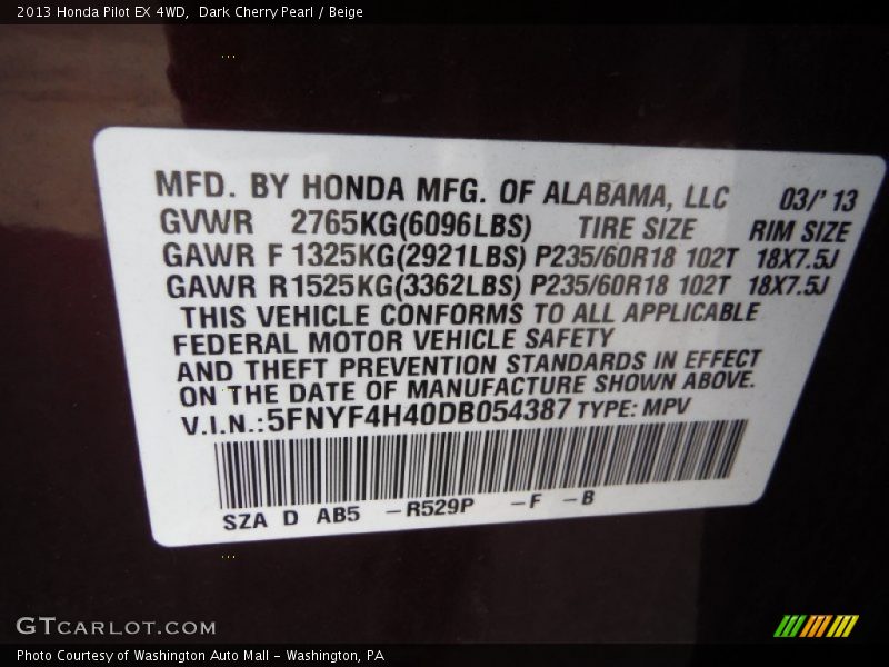 Dark Cherry Pearl / Beige 2013 Honda Pilot EX 4WD