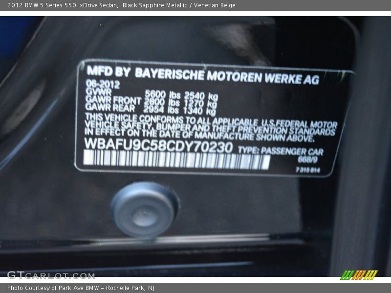 Black Sapphire Metallic / Venetian Beige 2012 BMW 5 Series 550i xDrive Sedan