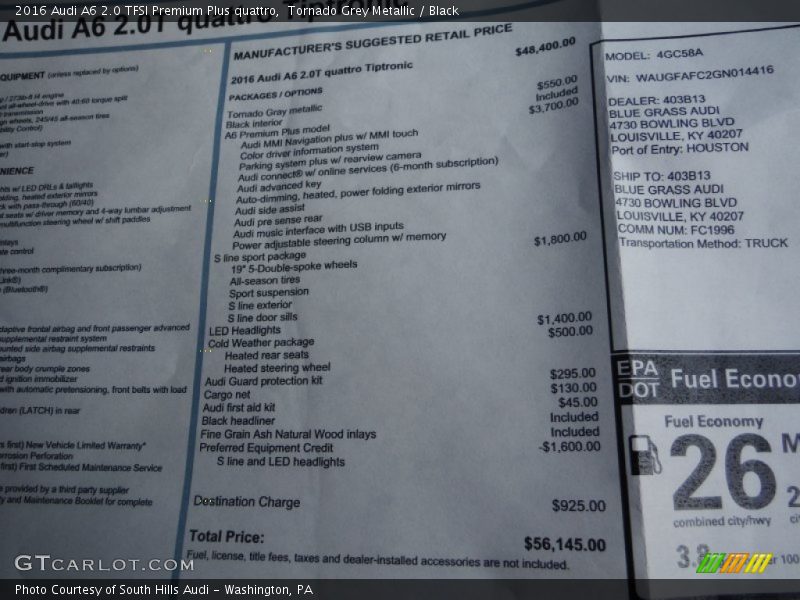  2016 A6 2.0 TFSI Premium Plus quattro Window Sticker