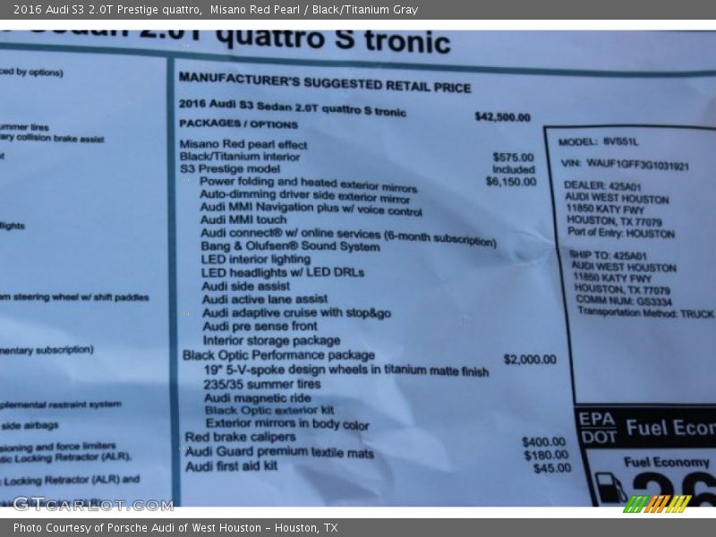  2016 S3 2.0T Prestige quattro Window Sticker