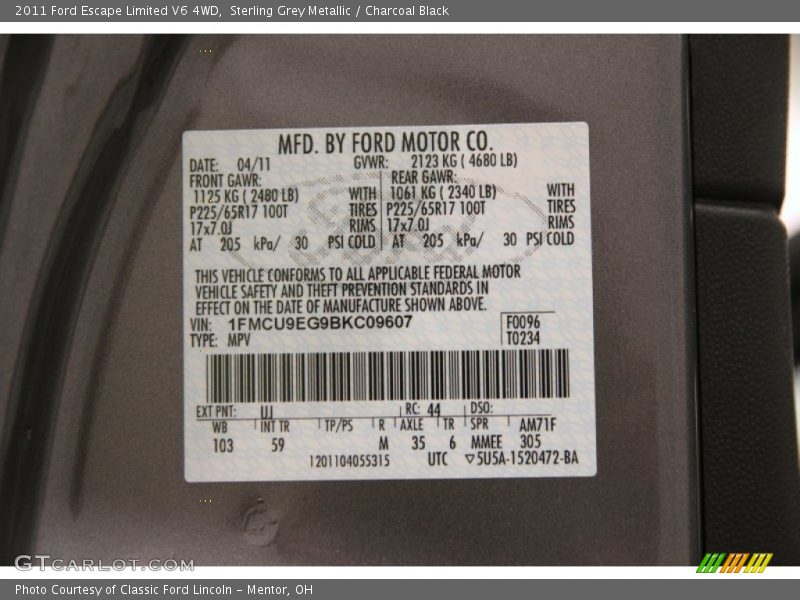 Sterling Grey Metallic / Charcoal Black 2011 Ford Escape Limited V6 4WD