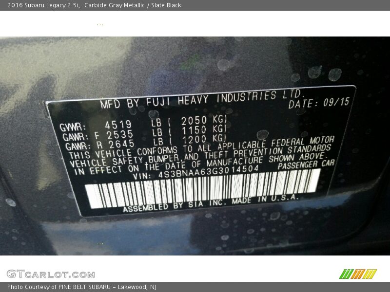 Carbide Gray Metallic / Slate Black 2016 Subaru Legacy 2.5i