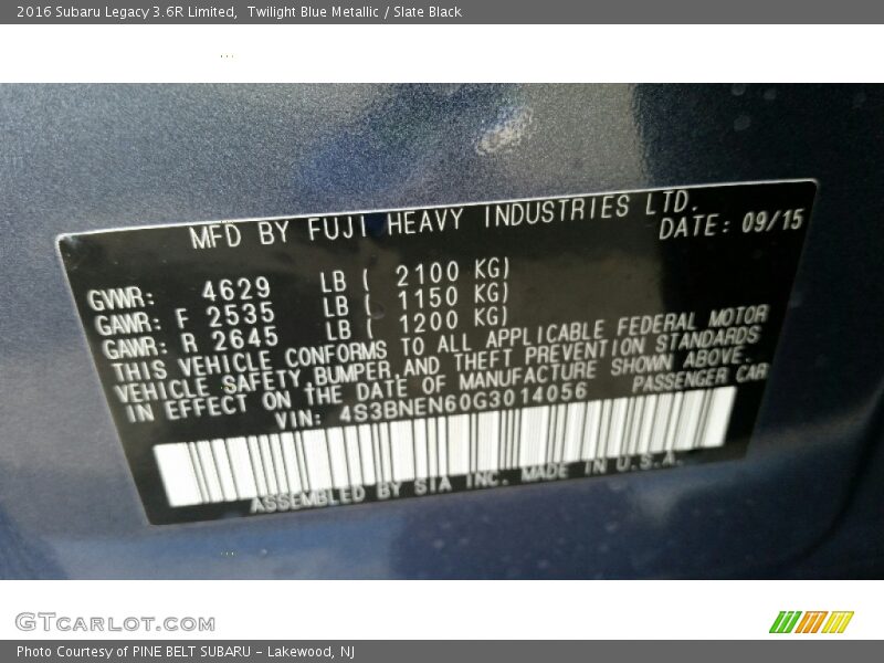 Twilight Blue Metallic / Slate Black 2016 Subaru Legacy 3.6R Limited