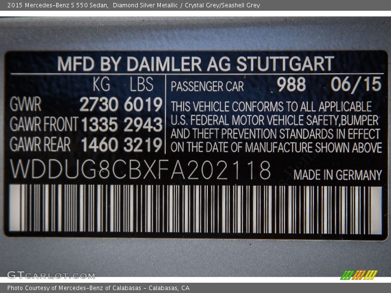 Diamond Silver Metallic / Crystal Grey/Seashell Grey 2015 Mercedes-Benz S 550 Sedan