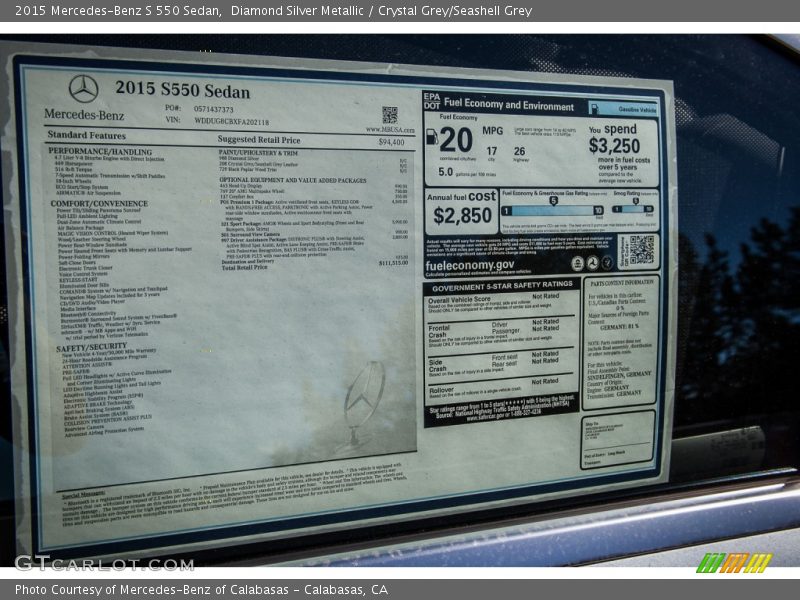 Diamond Silver Metallic / Crystal Grey/Seashell Grey 2015 Mercedes-Benz S 550 Sedan