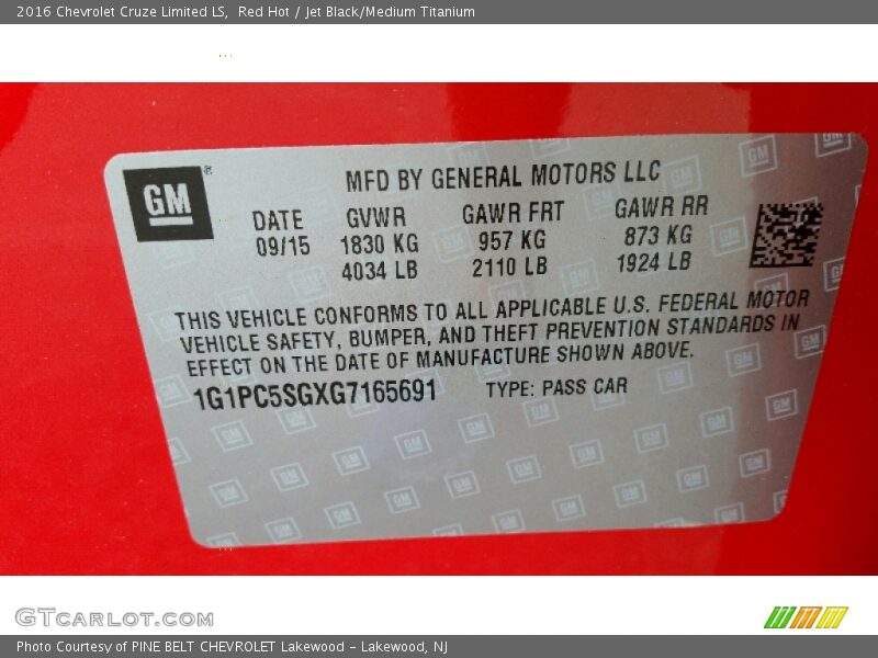 Red Hot / Jet Black/Medium Titanium 2016 Chevrolet Cruze Limited LS