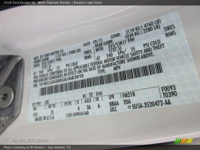 2016 Escape SE White Platinum Metallic Color Code UG