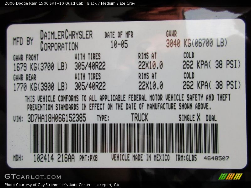 2006 Ram 1500 SRT-10 Quad Cab Black Color Code PX8