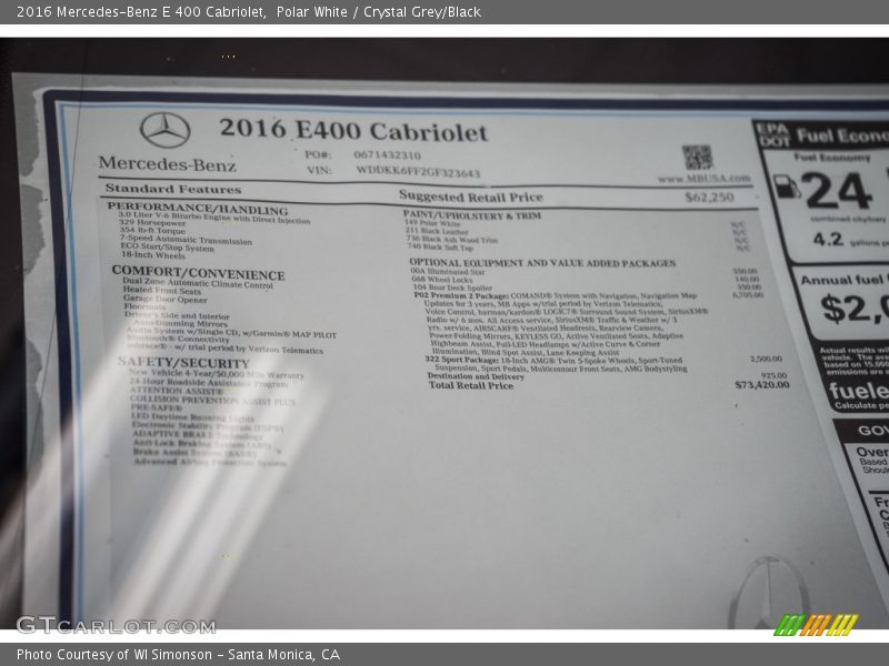 2016 E 400 Cabriolet Window Sticker