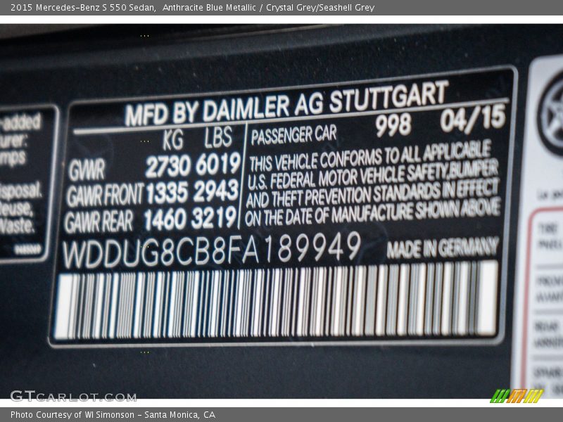 Anthracite Blue Metallic / Crystal Grey/Seashell Grey 2015 Mercedes-Benz S 550 Sedan