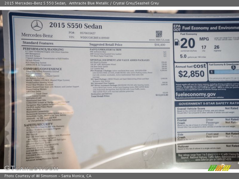 Anthracite Blue Metallic / Crystal Grey/Seashell Grey 2015 Mercedes-Benz S 550 Sedan
