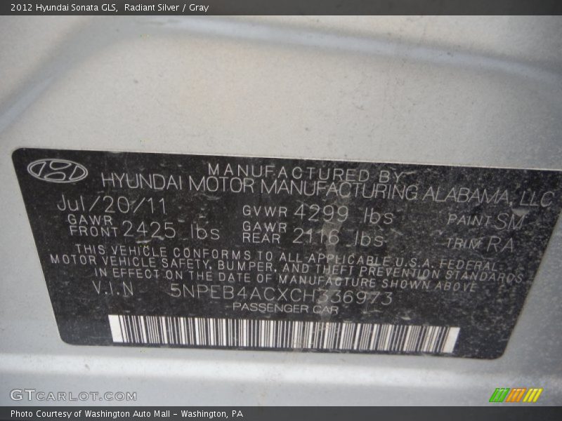 Radiant Silver / Gray 2012 Hyundai Sonata GLS