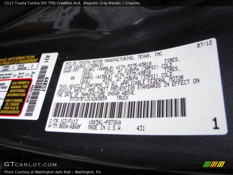 Magnetic Gray Metallic / Graphite 2012 Toyota Tundra SR5 TRD CrewMax 4x4