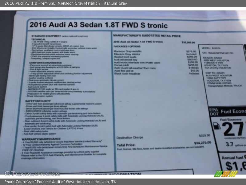 Monsoon Gray Metallic / Titanium Gray 2016 Audi A3 1.8 Premium