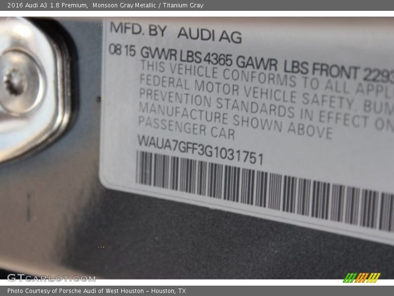 Monsoon Gray Metallic / Titanium Gray 2016 Audi A3 1.8 Premium
