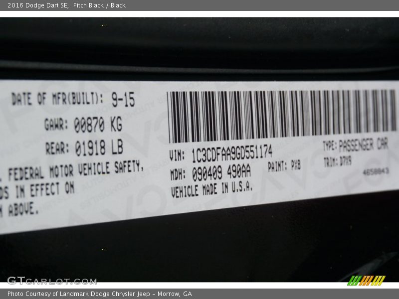 Pitch Black / Black 2016 Dodge Dart SE