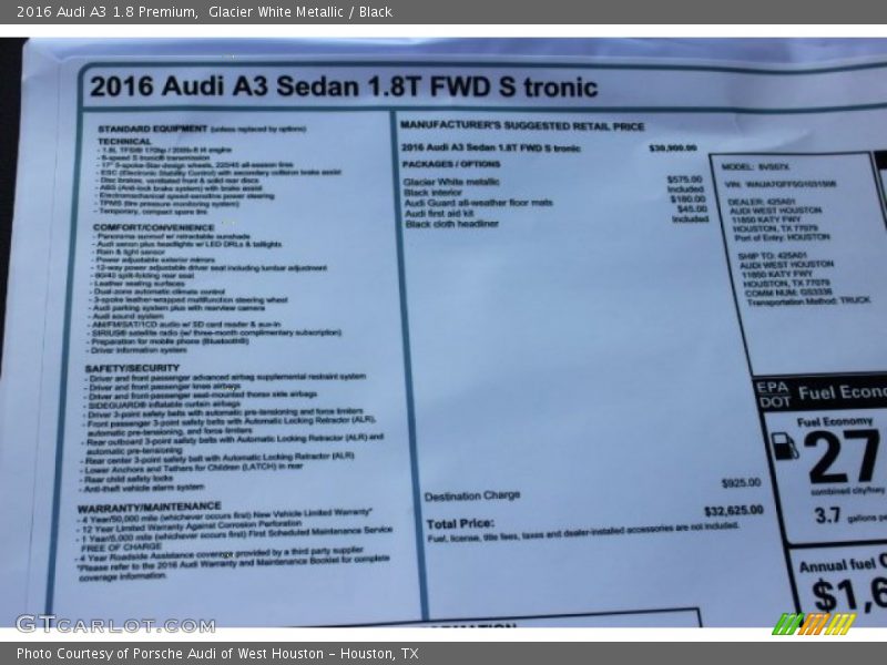 Glacier White Metallic / Black 2016 Audi A3 1.8 Premium