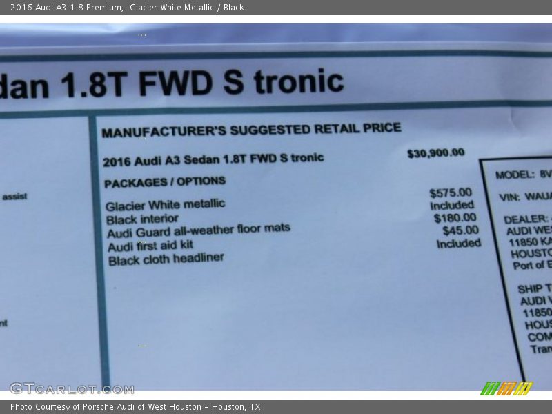 Glacier White Metallic / Black 2016 Audi A3 1.8 Premium