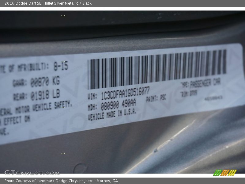 Billet Silver Metallic / Black 2016 Dodge Dart SE
