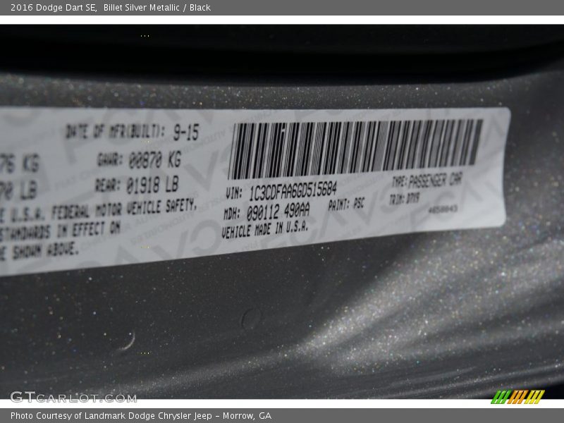 Billet Silver Metallic / Black 2016 Dodge Dart SE
