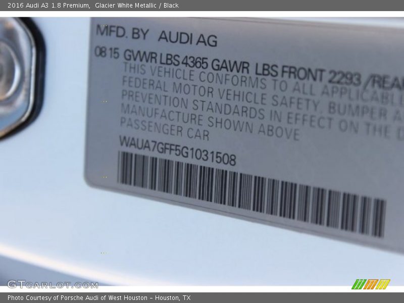 Glacier White Metallic / Black 2016 Audi A3 1.8 Premium