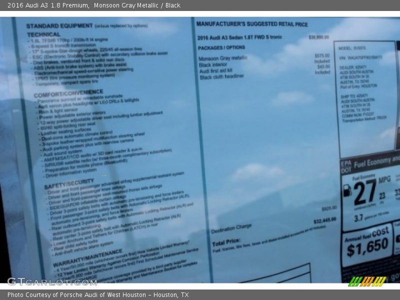 Monsoon Gray Metallic / Black 2016 Audi A3 1.8 Premium