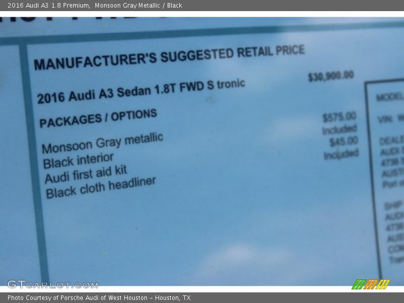 Monsoon Gray Metallic / Black 2016 Audi A3 1.8 Premium