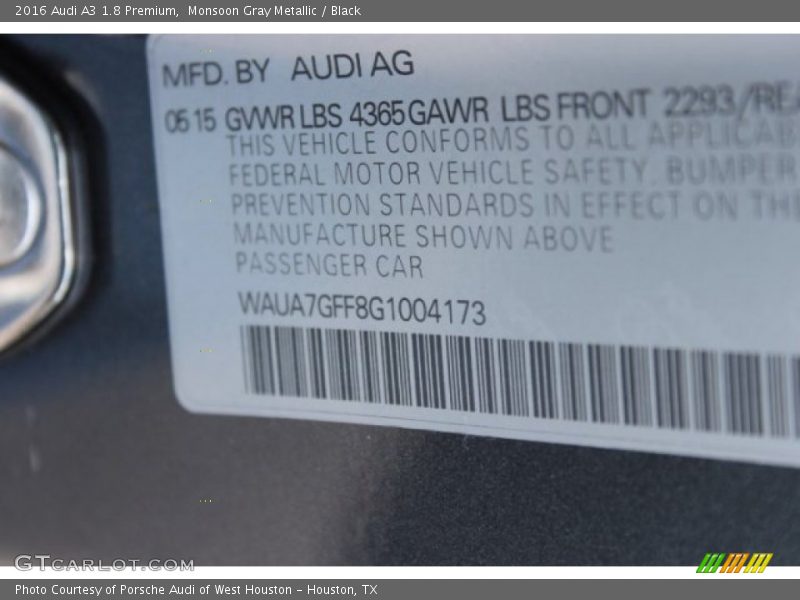 Monsoon Gray Metallic / Black 2016 Audi A3 1.8 Premium