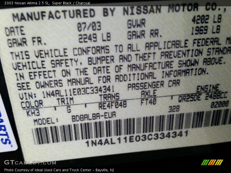 Super Black / Charcoal 2003 Nissan Altima 2.5 SL