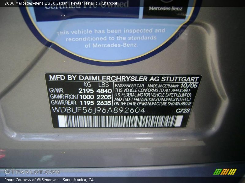 Pewter Metallic / Charcoal 2006 Mercedes-Benz E 350 Sedan