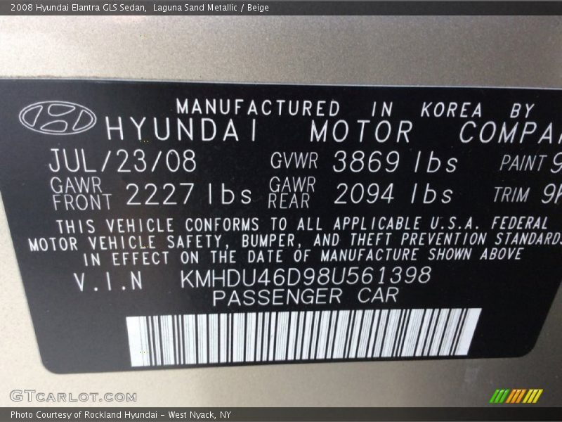 Laguna Sand Metallic / Beige 2008 Hyundai Elantra GLS Sedan