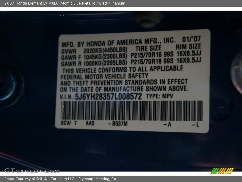 Atomic Blue Metallic / Black/Titanium 2007 Honda Element LX AWD