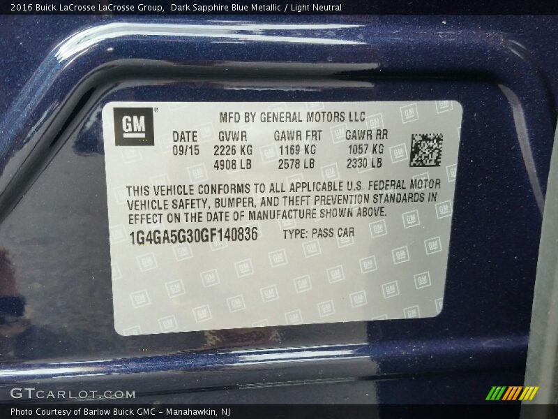 Info Tag of 2016 LaCrosse LaCrosse Group