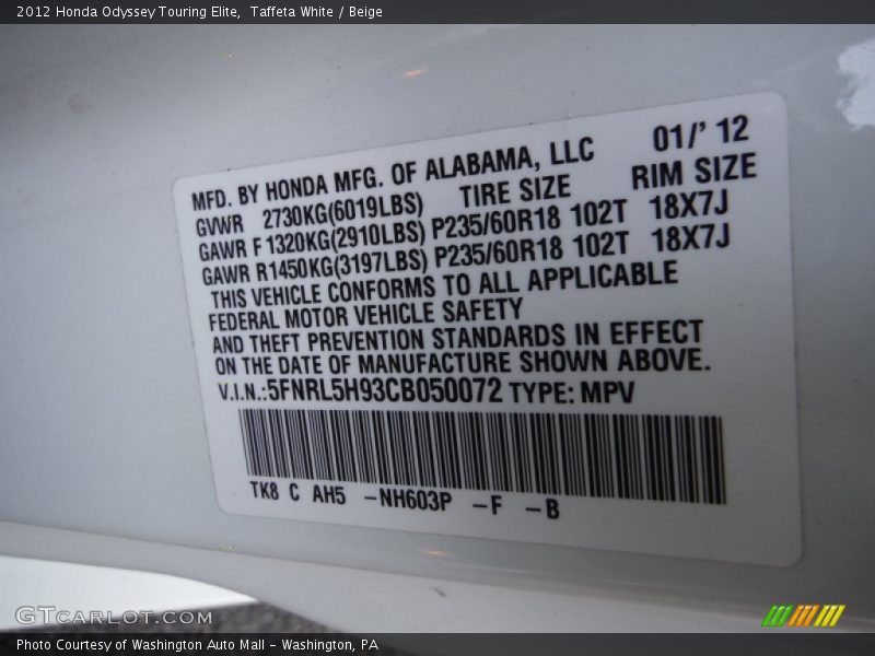 Taffeta White / Beige 2012 Honda Odyssey Touring Elite