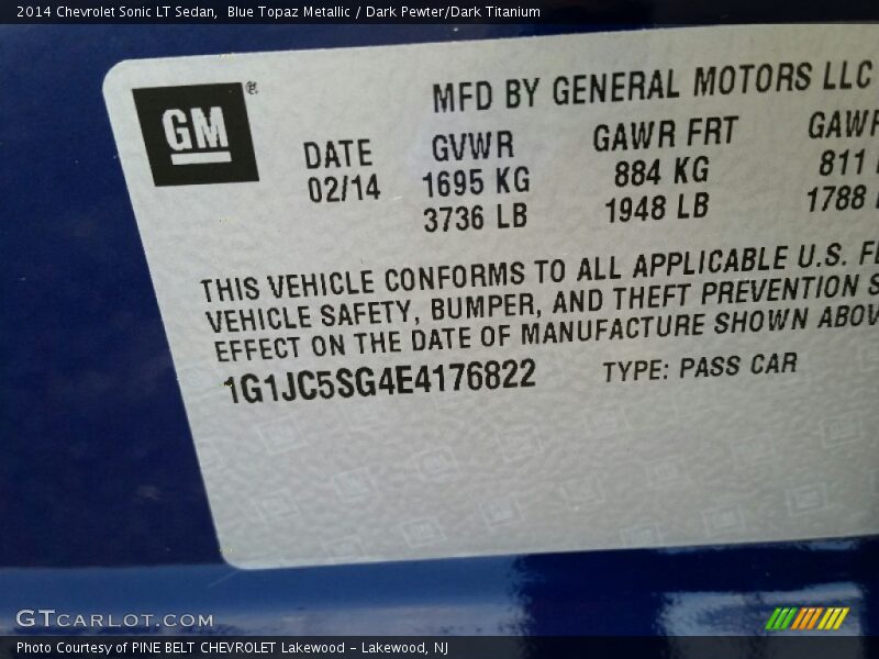Blue Topaz Metallic / Dark Pewter/Dark Titanium 2014 Chevrolet Sonic LT Sedan