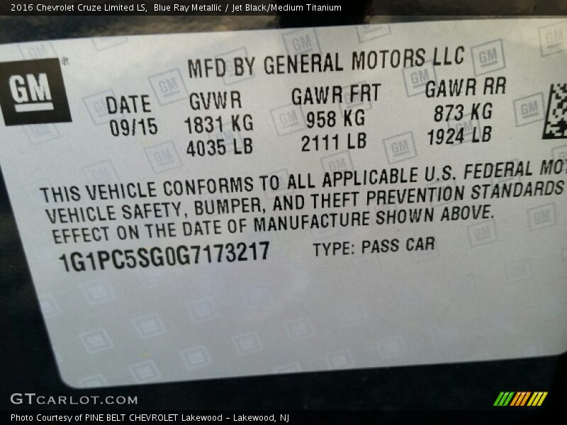 Blue Ray Metallic / Jet Black/Medium Titanium 2016 Chevrolet Cruze Limited LS