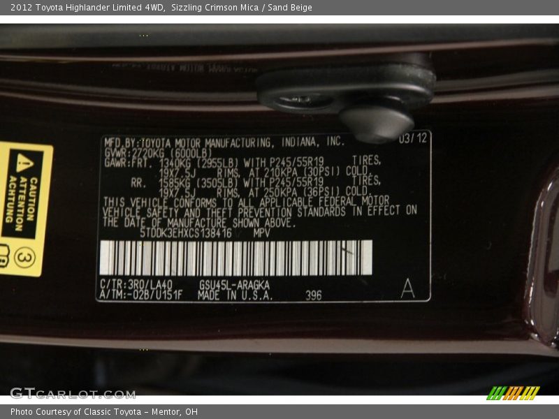 Sizzling Crimson Mica / Sand Beige 2012 Toyota Highlander Limited 4WD