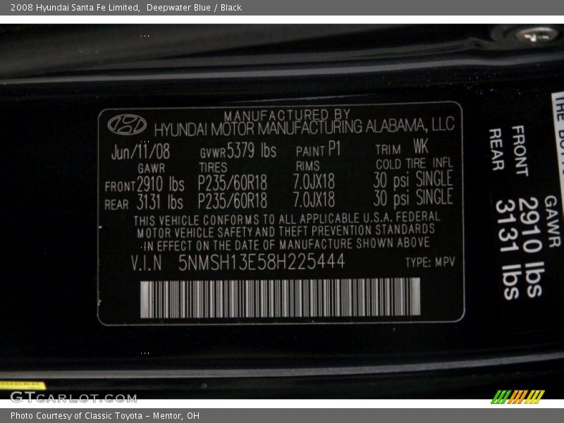 Deepwater Blue / Black 2008 Hyundai Santa Fe Limited