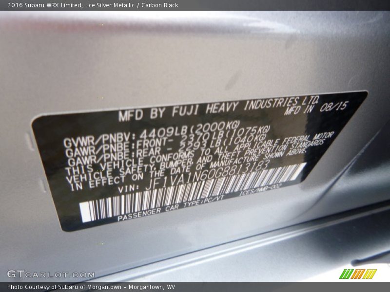 Ice Silver Metallic / Carbon Black 2016 Subaru WRX Limited
